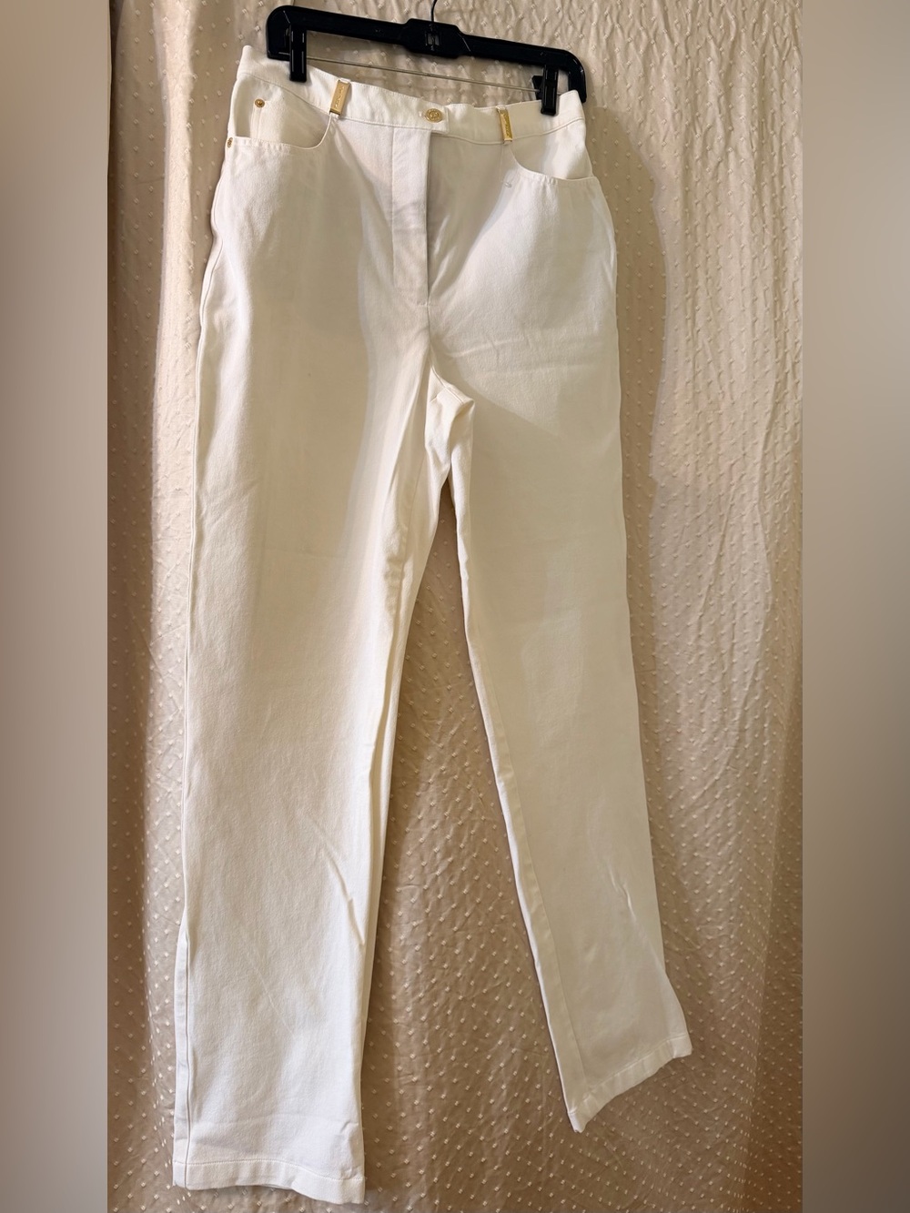 St. John Sport Marie Gray White Stretch Cotton Pants Size 10 Gold Hardware